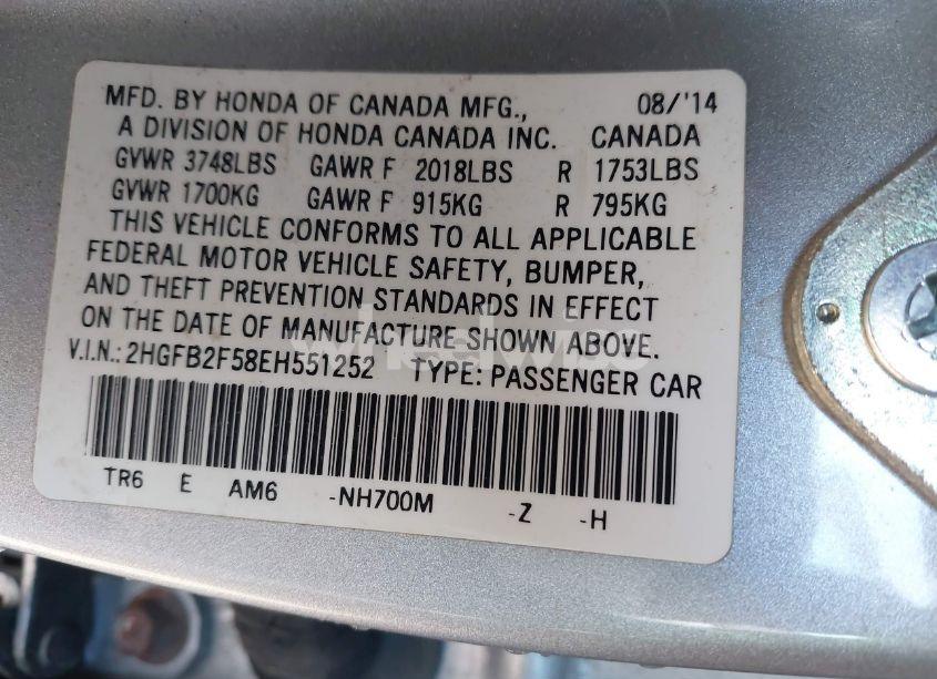 Photo 9 of 2014 Honda Civic LX (VIN 2HGFB2F58EH551252)