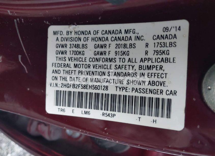 Photo 9 of 2014 Honda Civic LX (VIN 2HGFB2F58EH560128)