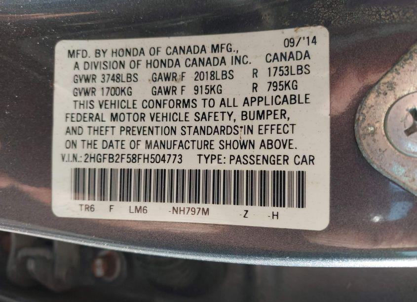 Photo 9 of 2015 Honda Civic LX (VIN 2HGFB2F58FH504773)