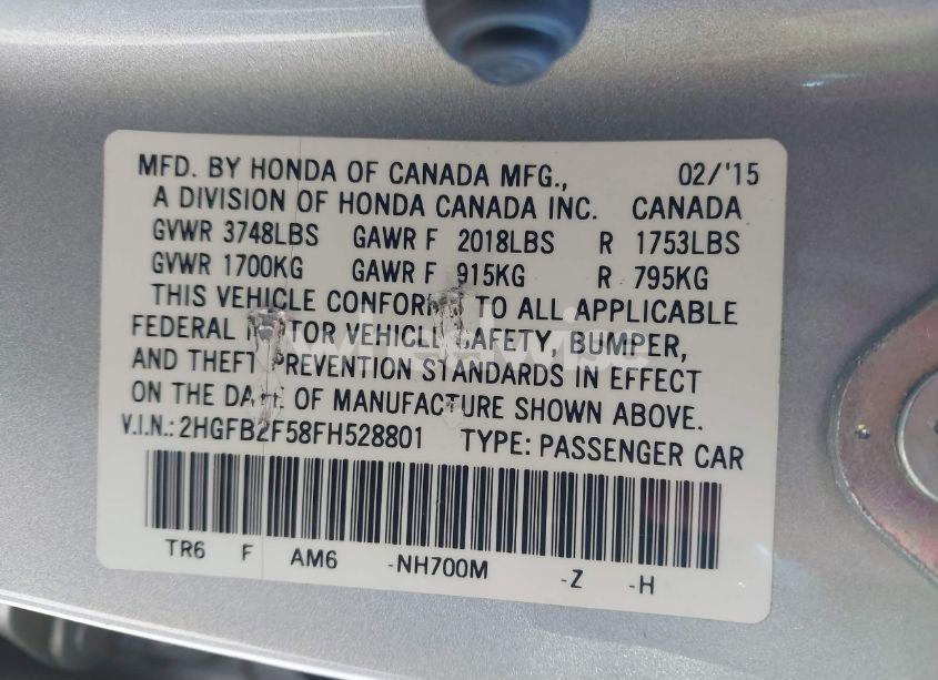 Photo 9 of 2015 Honda Civic LX (VIN 2HGFB2F58FH528801)