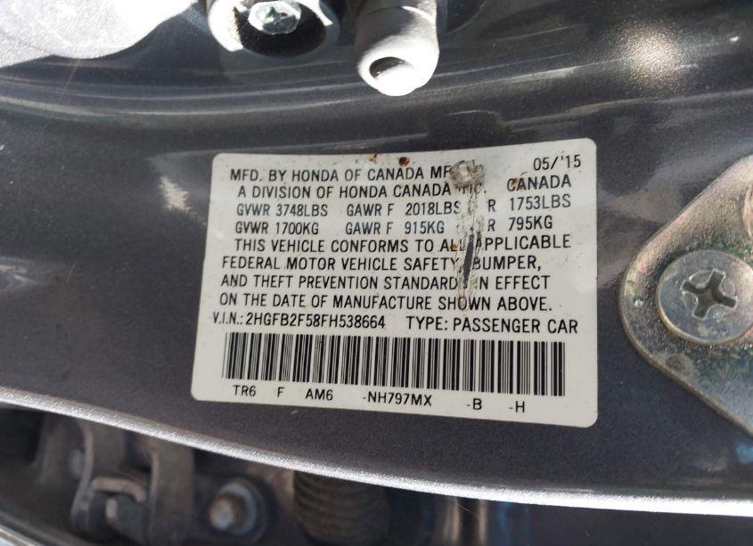 Photo 9 of 2015 Honda Civic LX (VIN 2HGFB2F58FH538664)