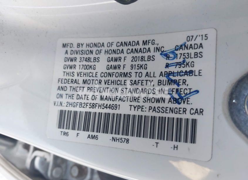 Photo 9 of 2015 Honda Civic LX (VIN 2HGFB2F58FH544691)