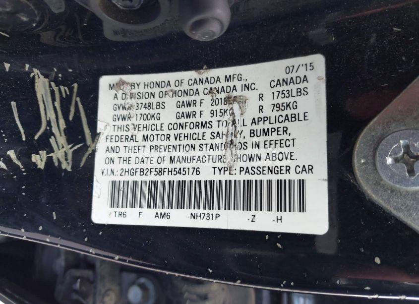 Photo 9 of 2015 Honda Civic LX (VIN 2HGFB2F58FH545176)