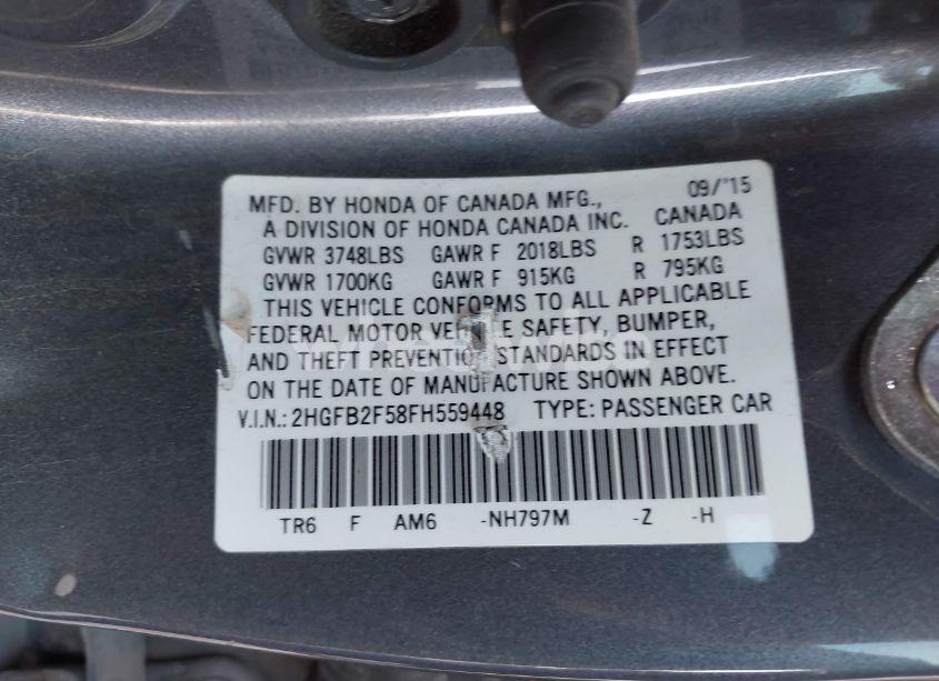 Photo 9 of 2015 Honda Civic LX (VIN 2HGFB2F58FH559448)