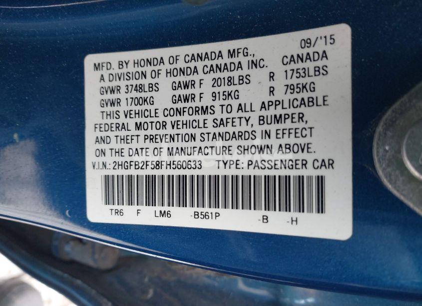 Photo 9 of 2015 Honda Civic LX (VIN 2HGFB2F58FH560633)