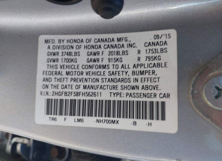 Photo 9 of 2015 Honda Civic LX (VIN 2HGFB2F58FH562611)