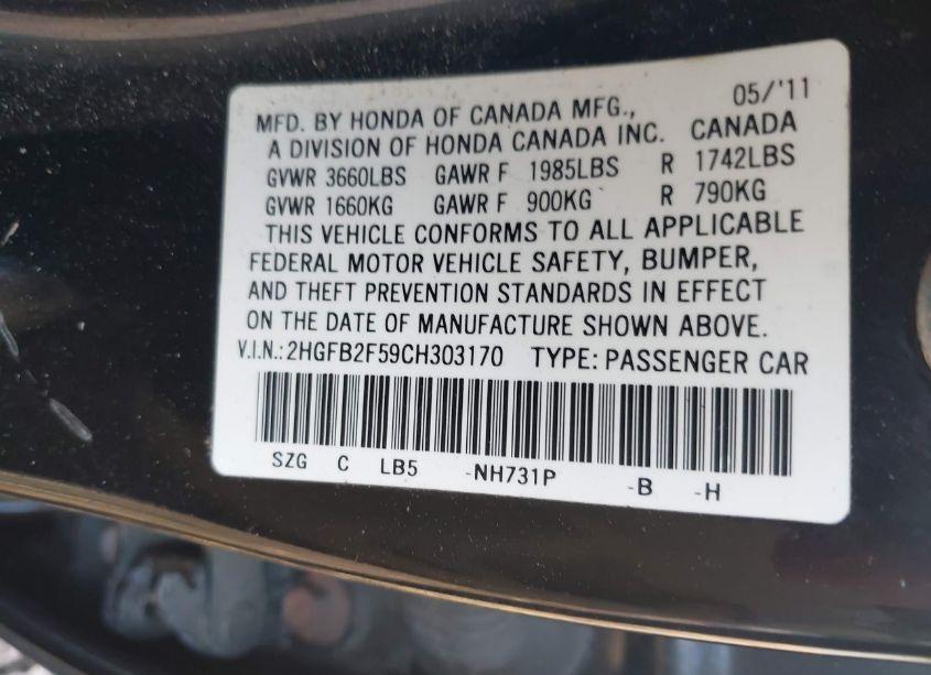 Photo 9 of 2012 Honda Civic LX (VIN 2HGFB2F59CH303170)