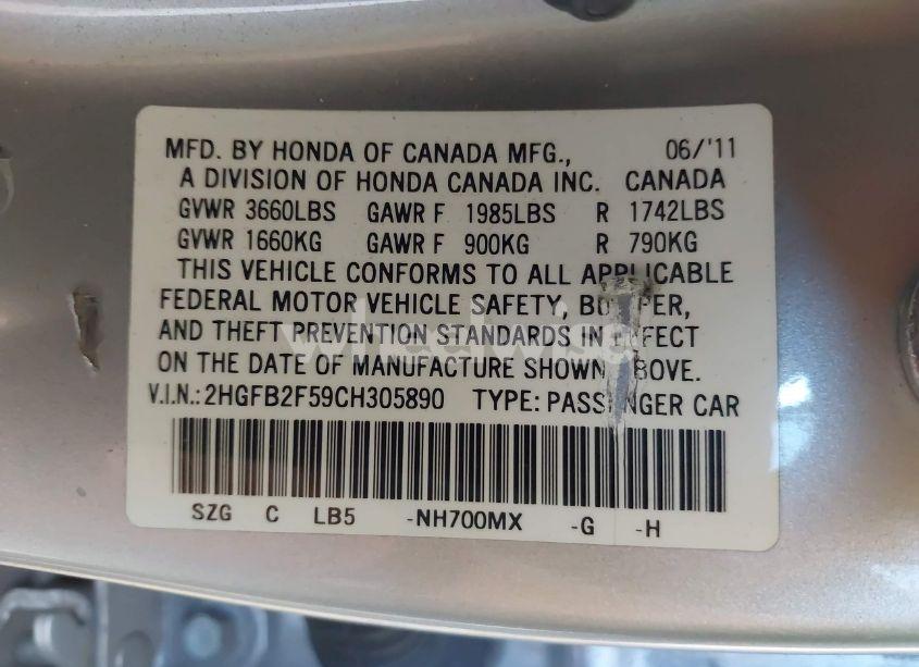 Photo 9 of 2012 Honda Civic LX (VIN 2HGFB2F59CH305890)