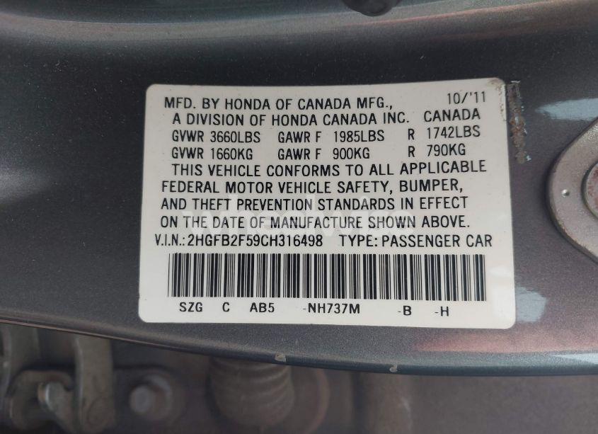 Photo 9 of 2012 Honda Civic LX (VIN 2HGFB2F59CH316498)