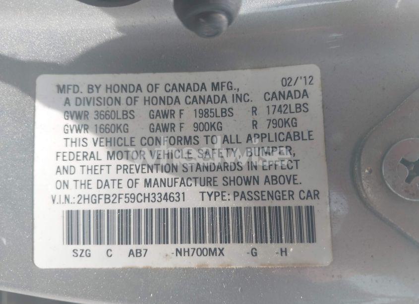 Photo 9 of 2012 Honda Civic LX (VIN 2HGFB2F59CH334631)