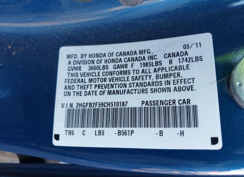 Photo 9 of 2012 Honda Civic LX (VIN 2HGFB2F59CH510187)