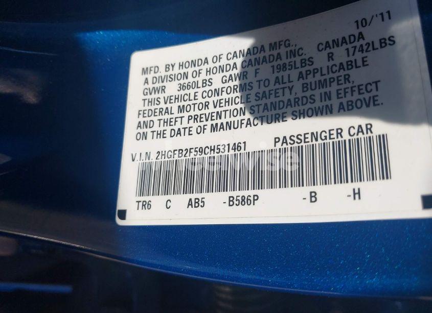 Photo 9 of 2012 Honda Civic LX (VIN 2HGFB2F59CH531461)