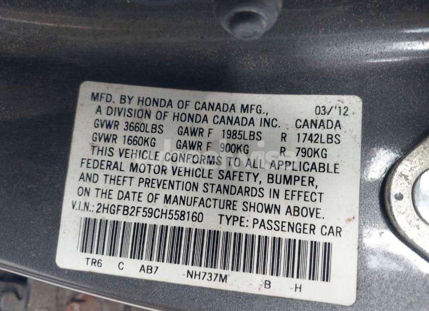 Photo 9 of 2012 Honda Civic LX (VIN 2HGFB2F59CH558160)