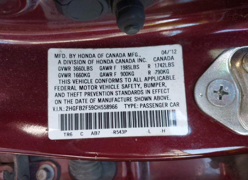 Photo 9 of 2012 Honda Civic LX (VIN 2HGFB2F59CH558966)