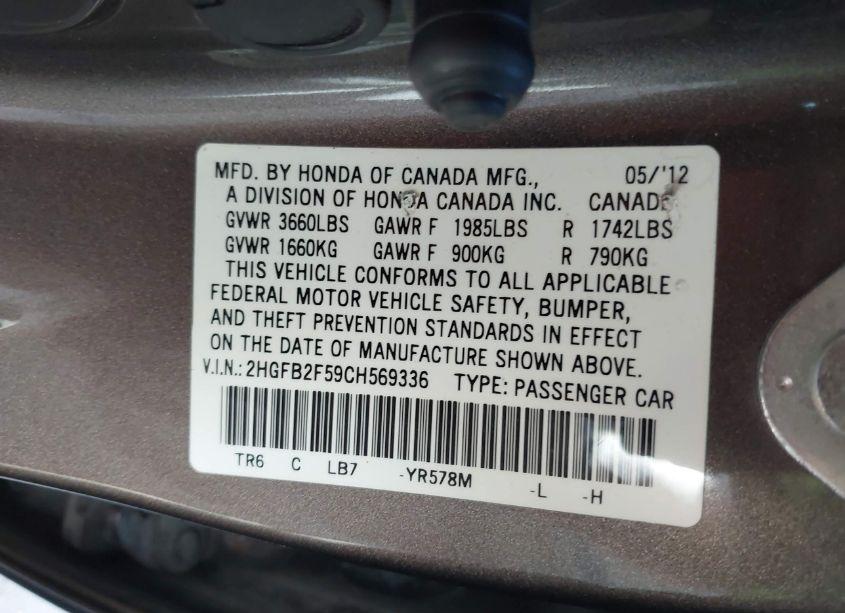 Photo 9 of 2012 Honda Civic LX (VIN 2HGFB2F59CH569336)