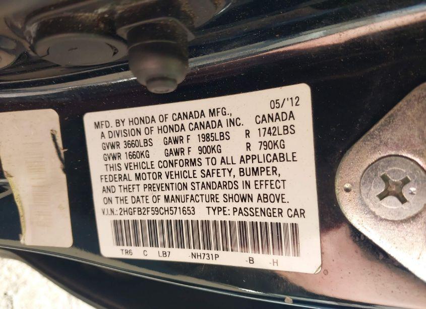 Photo 9 of 2012 Honda Civic LX (VIN 2HGFB2F59CH571653)