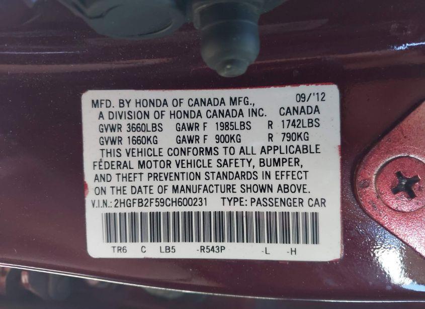 Photo 9 of 2012 Honda Civic LX (VIN 2HGFB2F59CH600231)