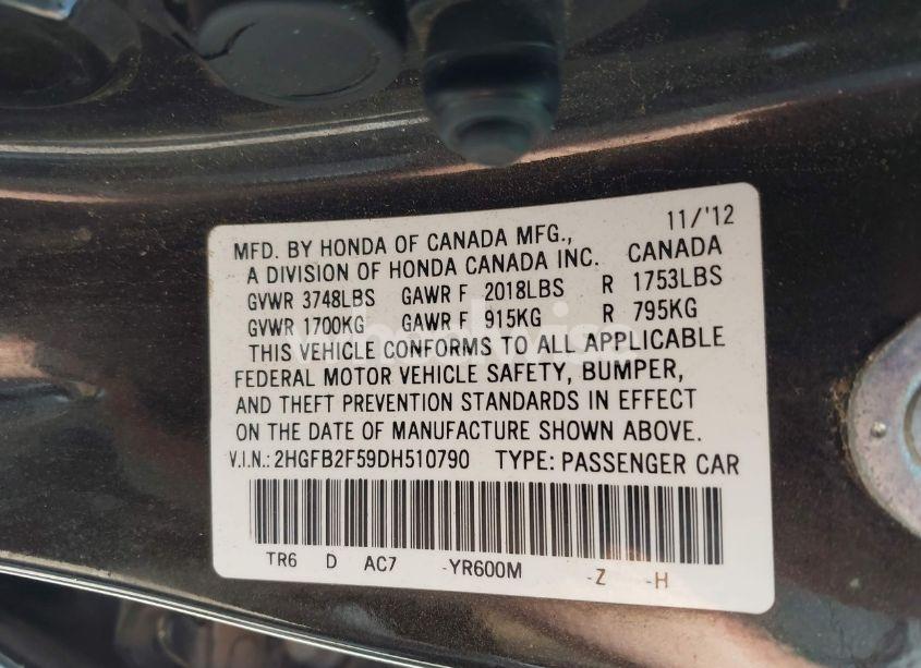 Photo 9 of 2013 Honda Civic LX (VIN 2HGFB2F59DH510790)