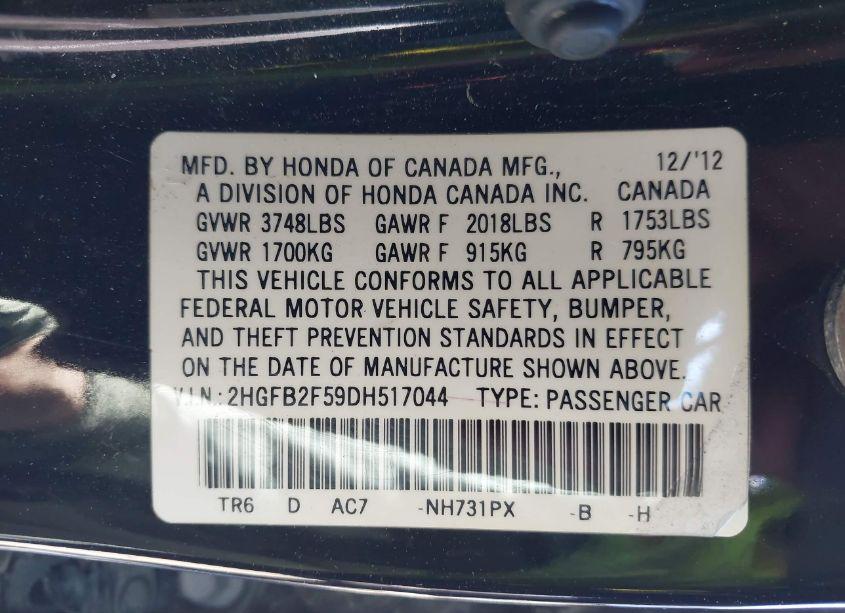 Photo 9 of 2013 Honda Civic LX (VIN 2HGFB2F59DH517044)