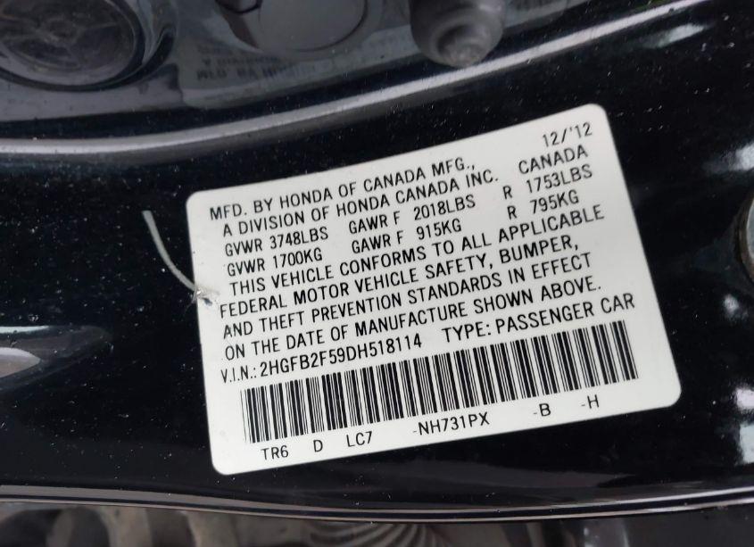 Photo 9 of 2013 Honda Civic LX (VIN 2HGFB2F59DH518114)