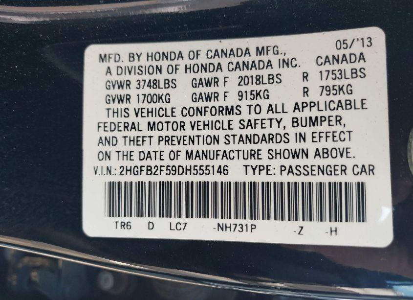 Photo 9 of 2013 Honda Civic LX (VIN 2HGFB2F59DH555146)