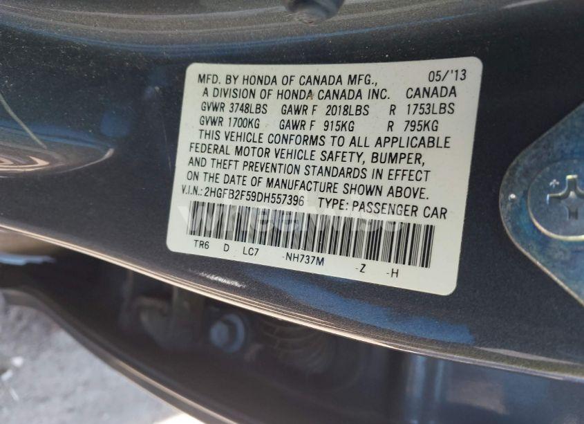 Photo 9 of 2013 Honda Civic LX (VIN 2HGFB2F59DH557396)