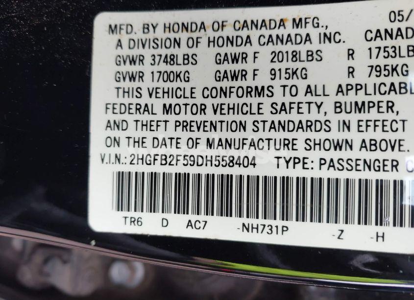 Photo 9 of 2013 Honda Civic LX (VIN 2HGFB2F59DH558404)