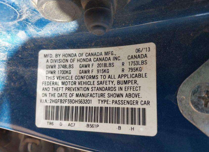 Photo 9 of 2013 Honda Civic LX (VIN 2HGFB2F59DH563201)