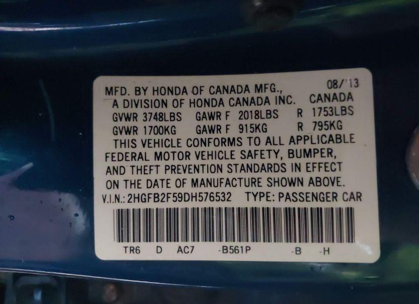 Photo 9 of 2013 Honda Civic LX (VIN 2HGFB2F59DH576532)