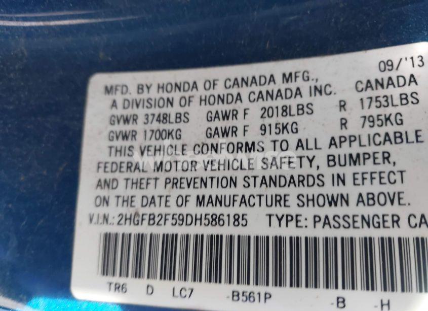 Photo 9 of 2013 Honda Civic LX (VIN 2HGFB2F59DH586185)