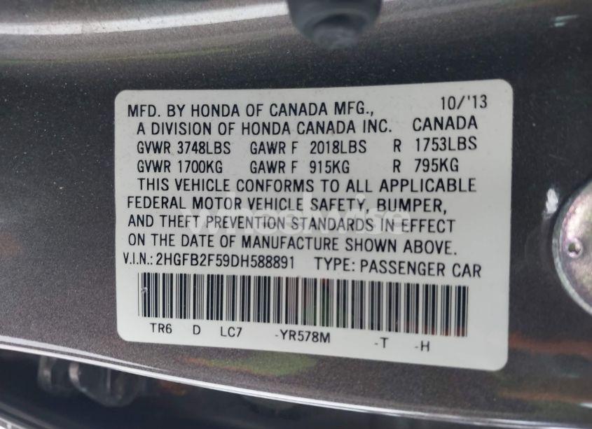 Photo 9 of 2013 Honda Civic LX (VIN 2HGFB2F59DH588891)