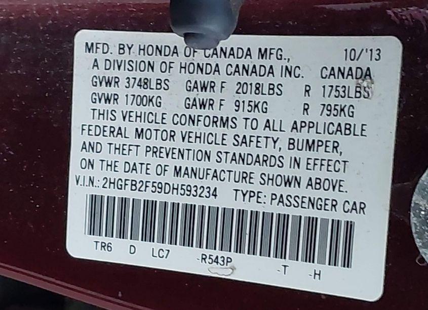 Photo 9 of 2013 Honda Civic LX (VIN 2HGFB2F59DH593234)