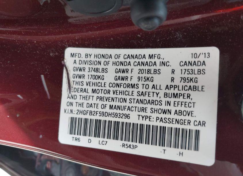 Photo 9 of 2013 Honda Civic LX (VIN 2HGFB2F59DH593296)