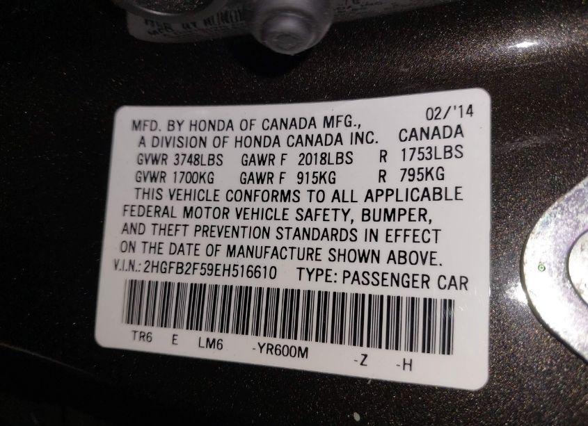 Photo 9 of 2014 Honda Civic LX (VIN 2HGFB2F59EH516610)