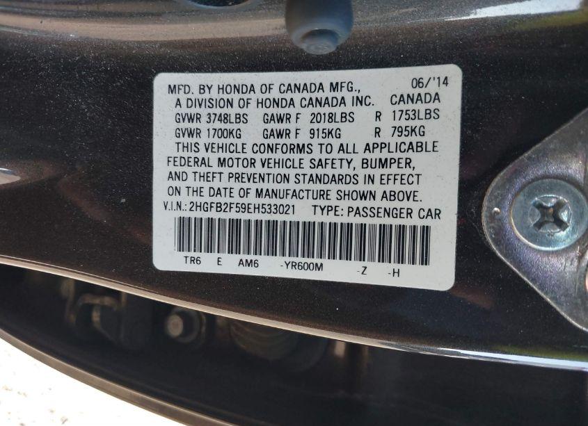 Photo 9 of 2014 Honda Civic LX (VIN 2HGFB2F59EH533021)