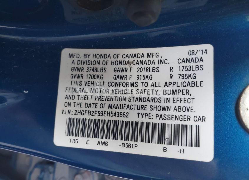 Photo 9 of 2014 Honda Civic LX (VIN 2HGFB2F59EH543662)