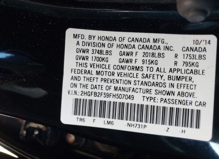 Photo 9 of 2015 Honda Civic LX (VIN 2HGFB2F59FH507049)