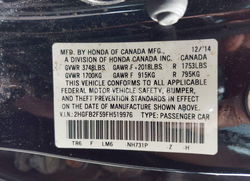 Photo 9 of 2015 Honda Civic LX (VIN 2HGFB2F59FH519976)