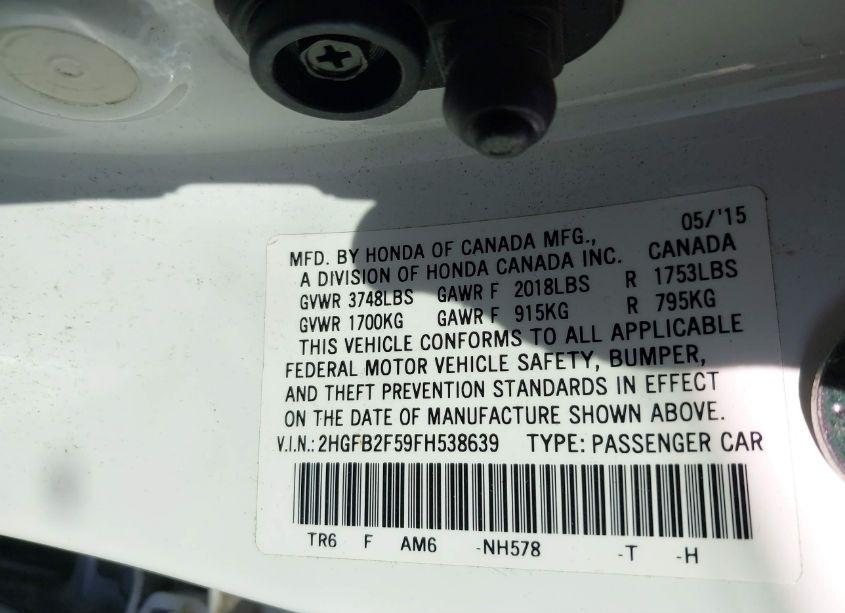 Photo 9 of 2015 Honda Civic LX (VIN 2HGFB2F59FH538639)