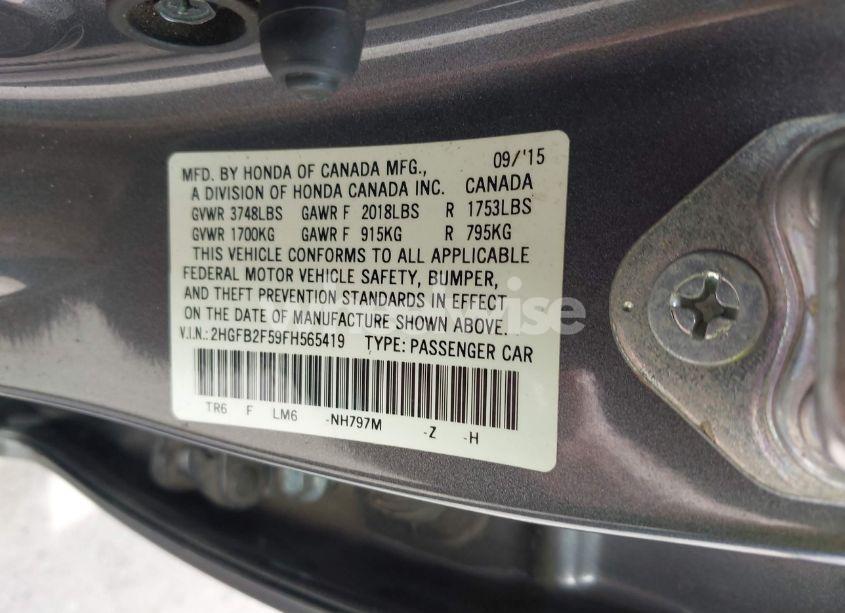 Photo 9 of 2015 Honda Civic LX (VIN 2HGFB2F59FH565419)