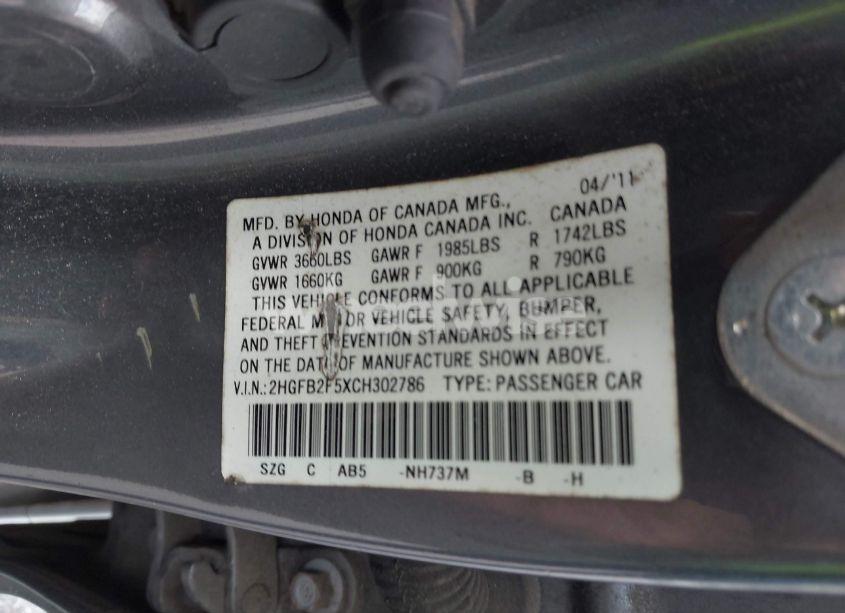 Photo 9 of 2012 Honda Civic LX (VIN 2HGFB2F5XCH302786)