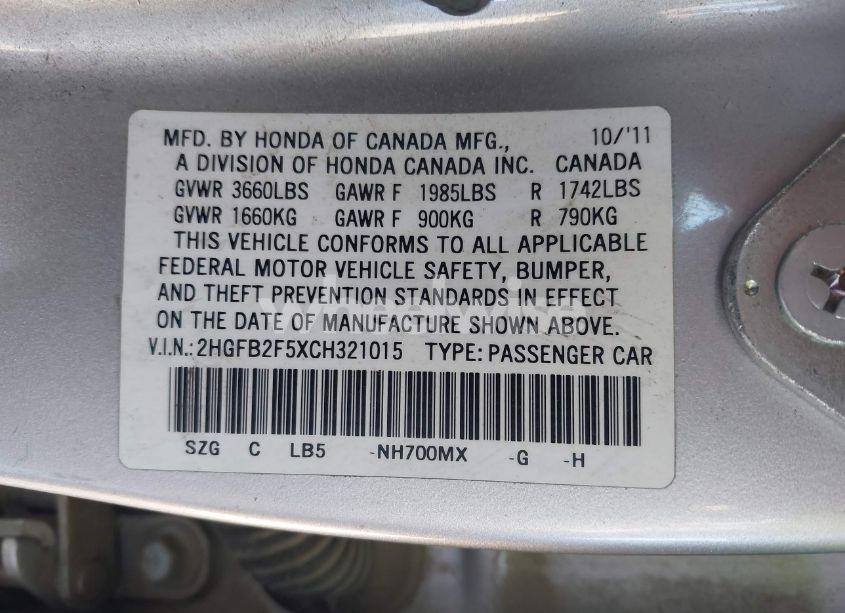 Photo 9 of 2012 Honda Civic LX (VIN 2HGFB2F5XCH321015)