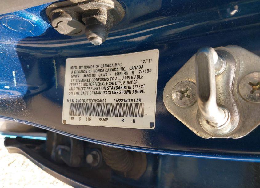 Photo 9 of 2012 Honda Civic LX (VIN 2HGFB2F5XCH538063)