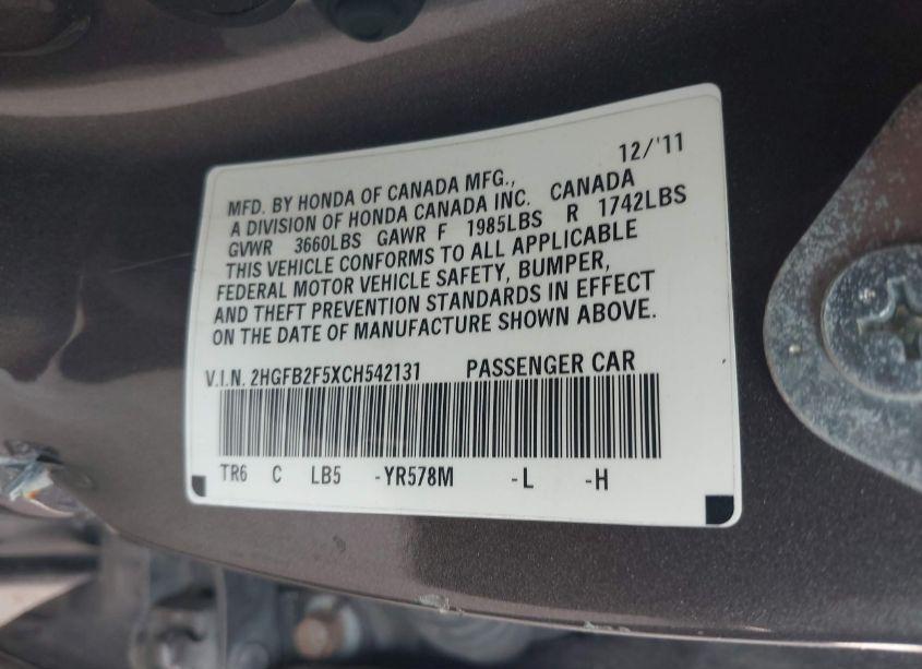 Photo 9 of 2012 Honda Civic LX (VIN 2HGFB2F5XCH542131)