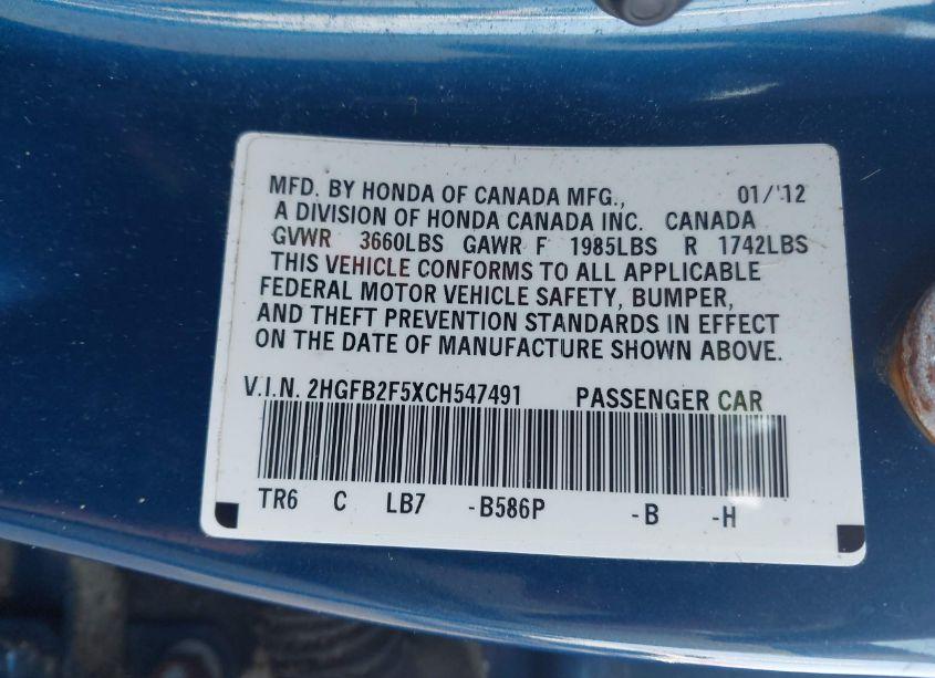 Photo 9 of 2012 Honda Civic SDN LX (VIN 2HGFB2F5XCH547491)