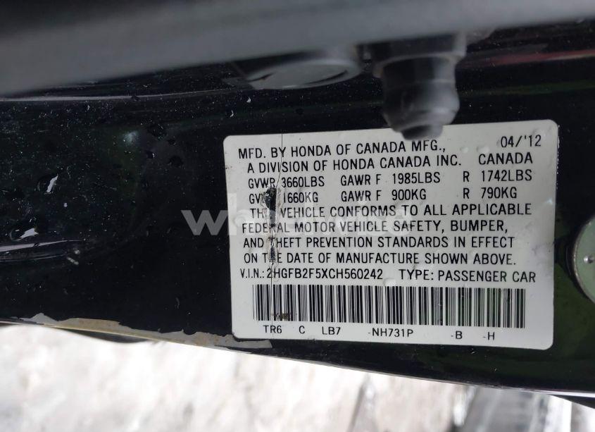 Photo 9 of 2012 Honda Civic LX (VIN 2HGFB2F5XCH560242)