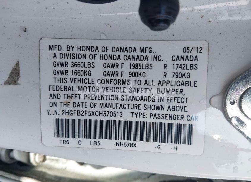 Photo 9 of 2012 Honda Civic SDN LX (VIN 2HGFB2F5XCH570513)