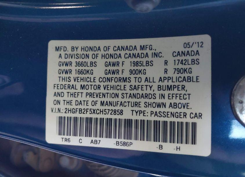 Photo 9 of 2012 Honda Civic LX (VIN 2HGFB2F5XCH572858)