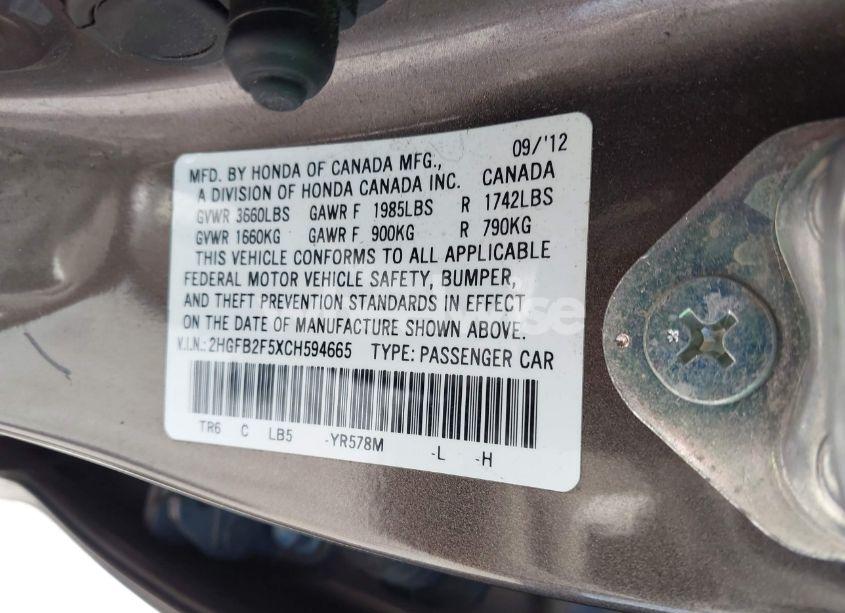 Photo 9 of 2012 Honda Civic LX (VIN 2HGFB2F5XCH594665)