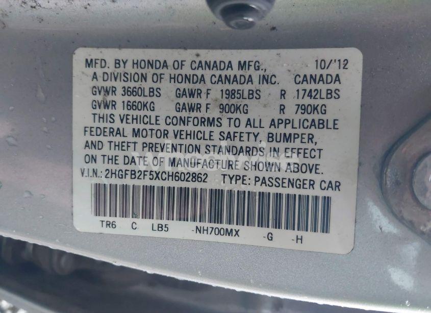 Photo 9 of 2012 Honda Civic LX (VIN 2HGFB2F5XCH602862)